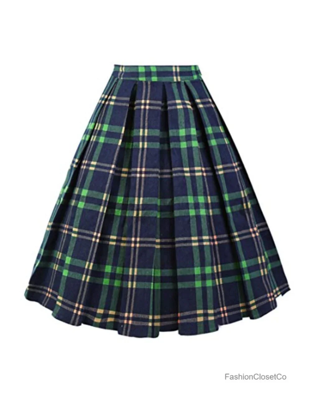 Womens Pleated A-Line Midi Skirt Vintage High Waist Cotton Zipper Pockets